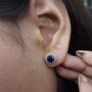 14Kt Gold Lab Grown Diamond & Blue Sapphire Halo Stud Earrings